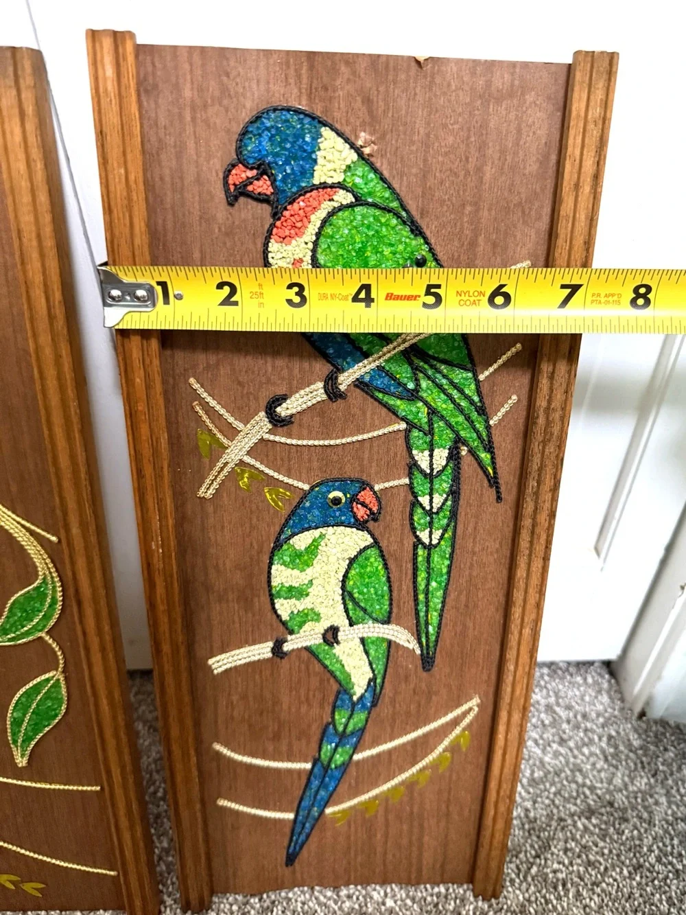 Vintage Mid-Century Modern gravel art panels depicting colorful parrots